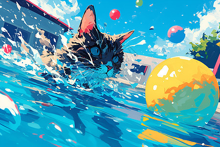水中玩耍的可爱猫咪图片