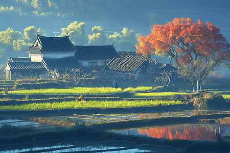 稻田的风景背景图片