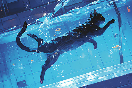 黑猫在水池里游泳图片