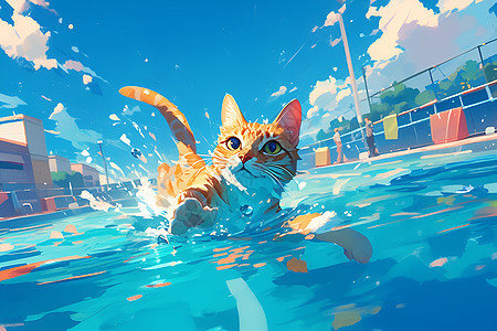 猫咪在大泳池中嬉水图片