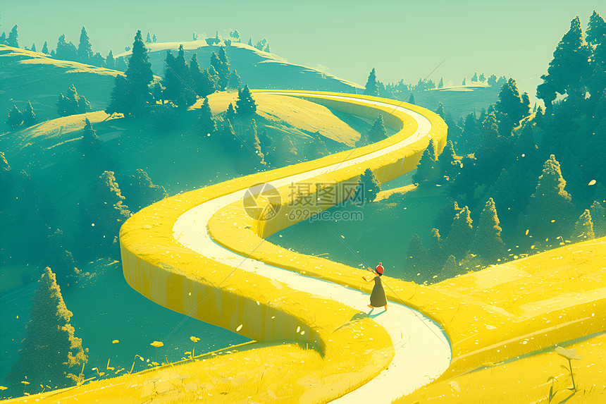 翠绿草原上的蜿蜒道路插画图片下载-正版图片601108810-摄图网
