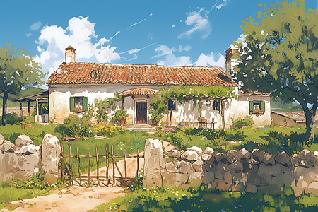 插画房子石墙栅栏后的村舍背景