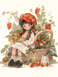 女孩坐在草莓篮子上图片