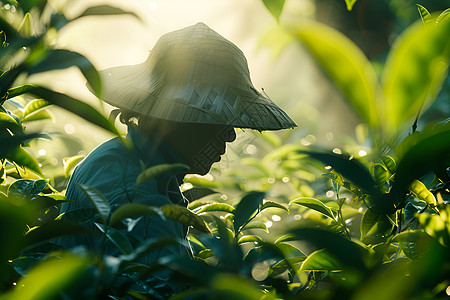 茶园中一位采茶工人图片