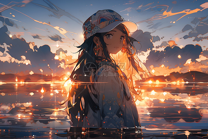 夕阳湖边的少女图片