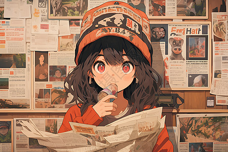 红帽少女阅读报纸图片