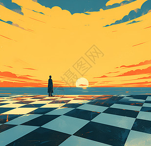 夕阳洒向棋盘格地板上的男人图片