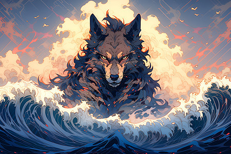 夕阳下的海浪中的孤狼图片