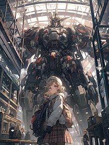少女在机械巨人面前图片