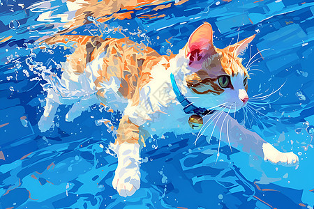 水中嬉水的猫图片