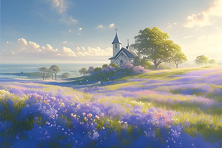 春日乡间教堂与绚丽野花图片