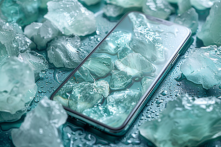 冰晶水滴中的手机图片