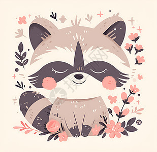粉色花丛里的浣熊图片