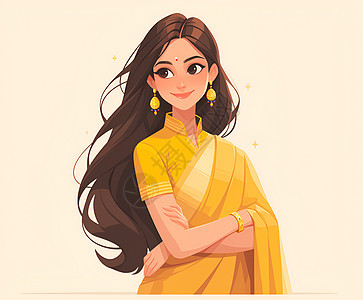 印度女子穿着黄色纱丽图片