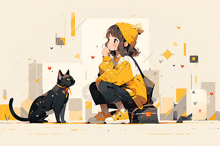 小女孩与黑猫图片