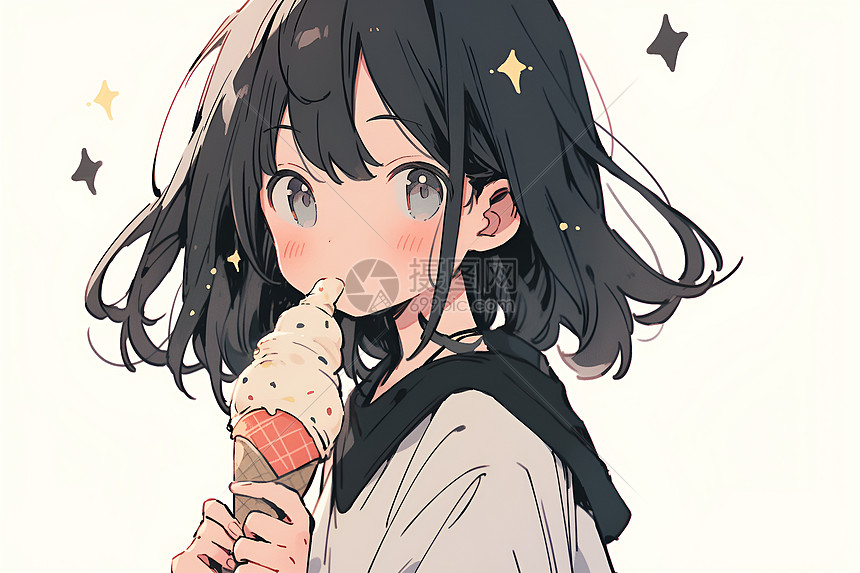 可爱的少女吃着冰淇淋图片