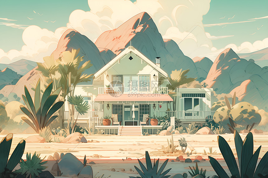 沙漠中的绿色房屋图片