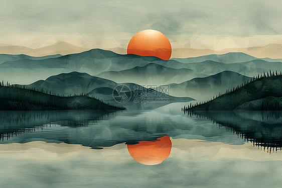 恬静美丽的山湖日落图片