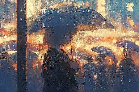 雨伞vi雨夜的女孩插画