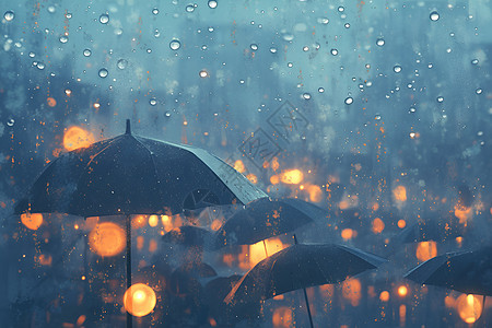 雨中伞下灯光点亮夜晚图片