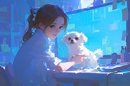 女孩与小白犬背景图片