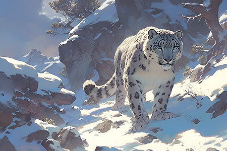雪豹翻越雪山背景图片