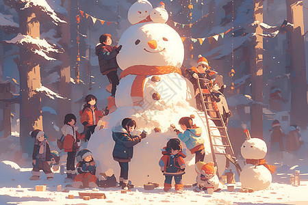 冬季户外堆雪人的孩子们背景图片