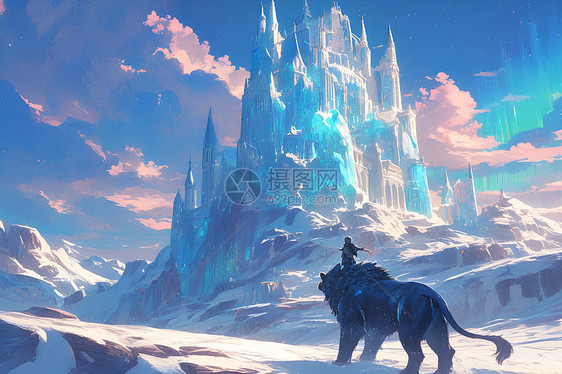 冰雪北极光下的雄伟城堡图片