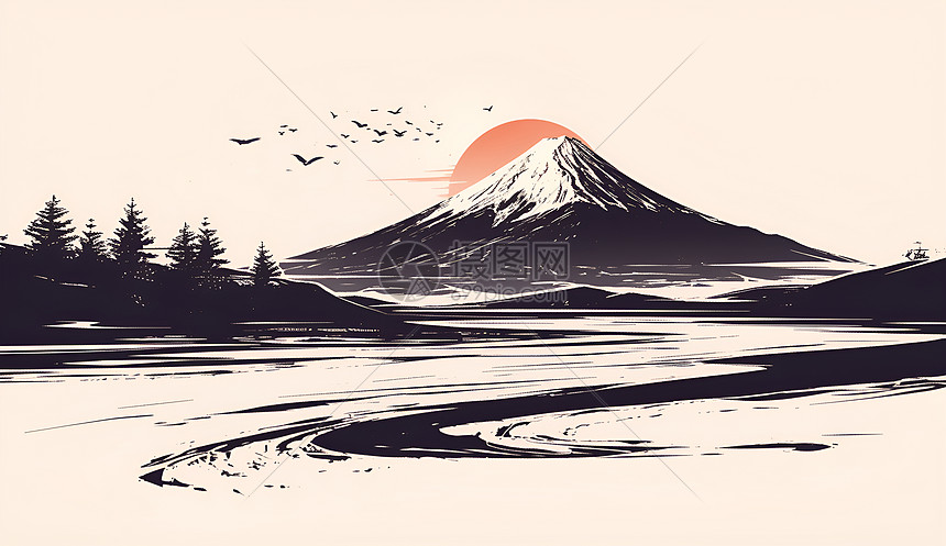 富士山的简约插画图片