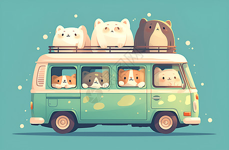 巴士汽车汽车里的小动物插画