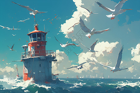 海洋中的海塔和海鸥背景图片