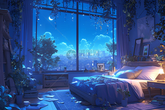 夜晚温馨的卧室图片