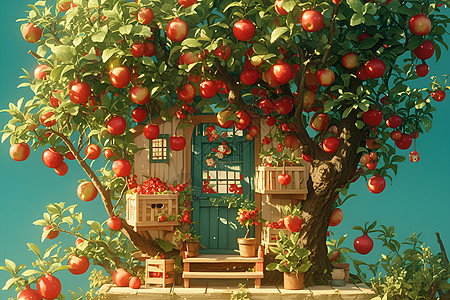 建筑前的苹果树背景图片