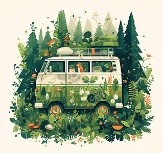 森林中绿色生态旅行车图片