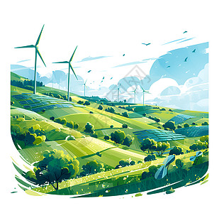 绿色能源太阳能田野中的风车插画