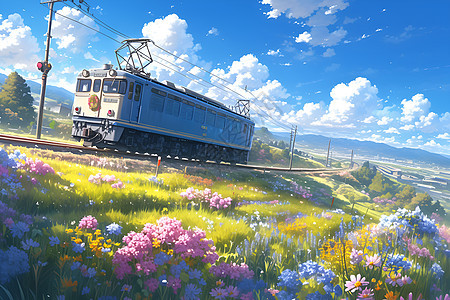 火车穿越春天花海图片