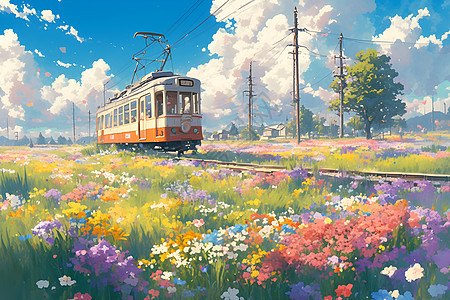 春日绽放火车穿梭花海图片
