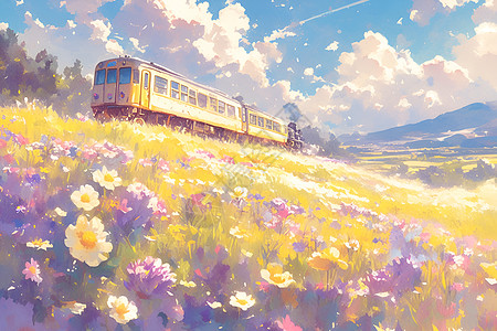 春日盛开白色列车穿行花海图片