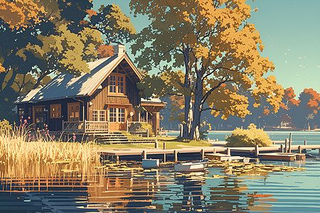 湖边小屋的宁静美景高清图片