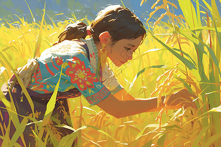 女孩在稻田图片