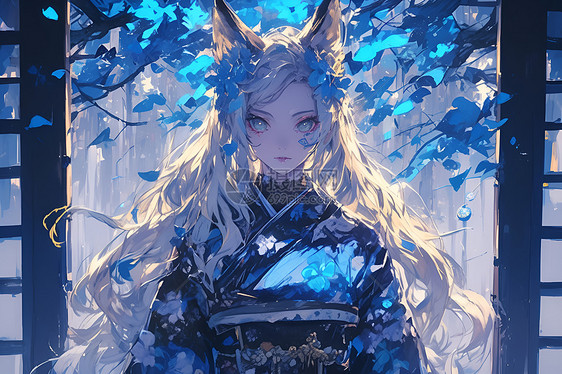 蓝色梦幻背景下的白狐仙女图片