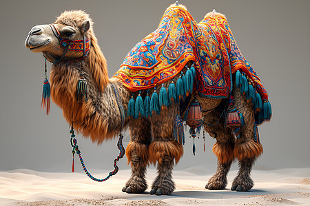 沙漠中身穿古风丝绸服饰的骆驼背景图片