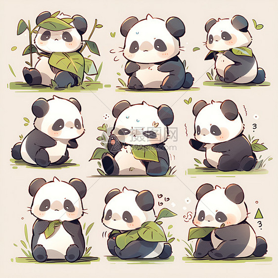 熊猫拿着一堆树叶图片