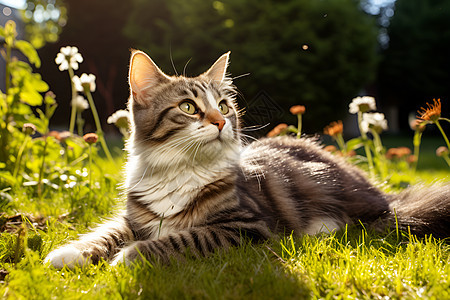 草地上一只猫仰望着天空背景模糊图片