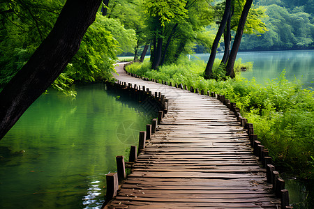 森林湖泊上的木板路背景