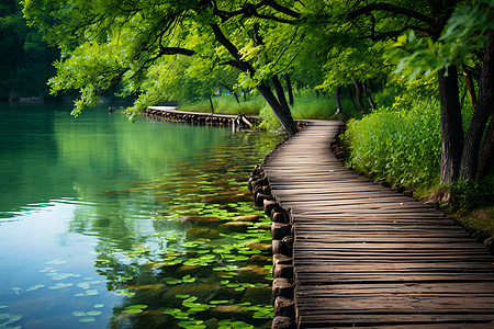 美丽道路一条通向湖边的木质小径背景