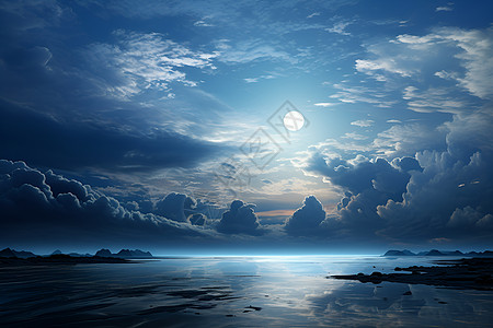 夜晚云层月光下的海洋奇幻景观背景
