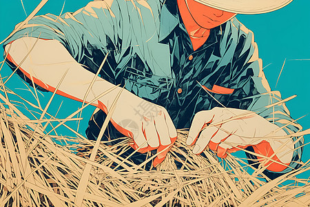 稻农编织稻秆图片