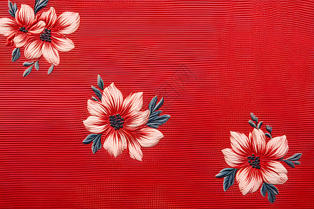 红色布料上的刺绣花卉背景图片