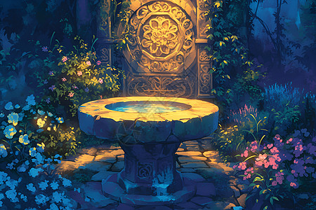 夜幕下的花园喷泉图片